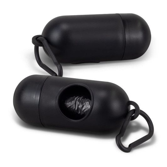 A black pet bag dispenser featuring a clip for attachment and a compartment for storing bags.