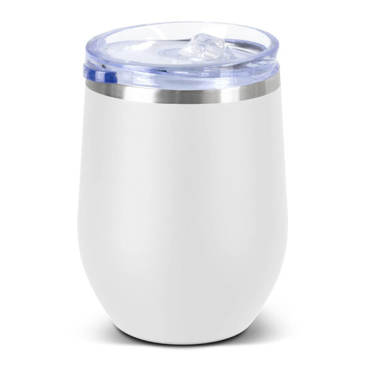 A drink bottle with a white ceramic exterior and a clear lid, featuring a stainless steel band.