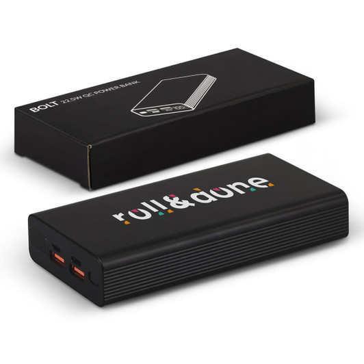 A black power bank with two USB ports and a branded logo, displayed beside its packaging.