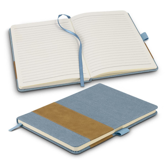 A denim notebook featuring a blue cover with a brown faux leather strip, showcasing lined pages and a ribbon bookmark.
