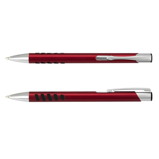 A red metal pen with black accents and a silver clip, featuring a logo on the body.