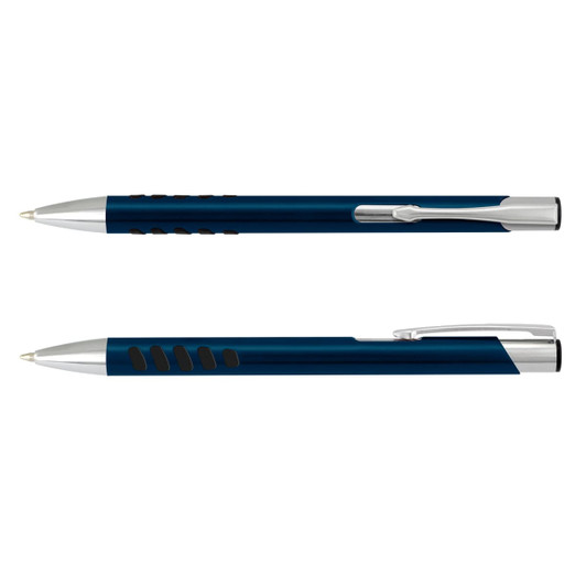 A metal pen featuring a blue body with silver accents and a clip, showcasing a sleek design.