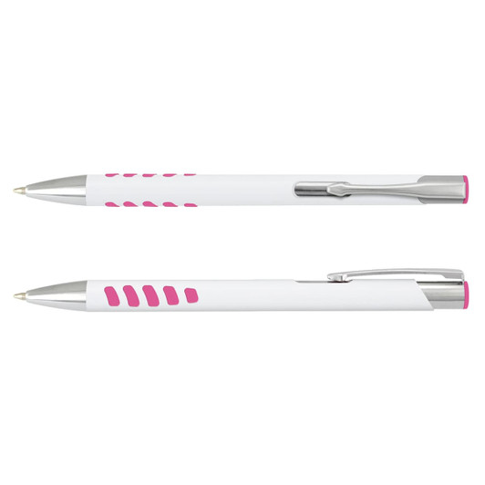 A metal pen with a white barrel and pink grip accents, featuring a clip and a logo.