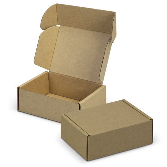 A brown die cut box with a locking lid, featuring an open and a closed version, both made of cardboard.