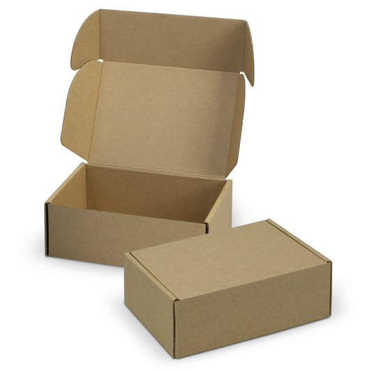 A brown die cut box with a locking lid, displayed open and closed, featuring a simple design.