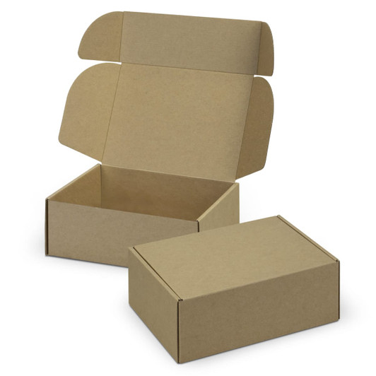A brown die cut box with a locking lid, open with a smaller box beside it, showcasing its structure and design.