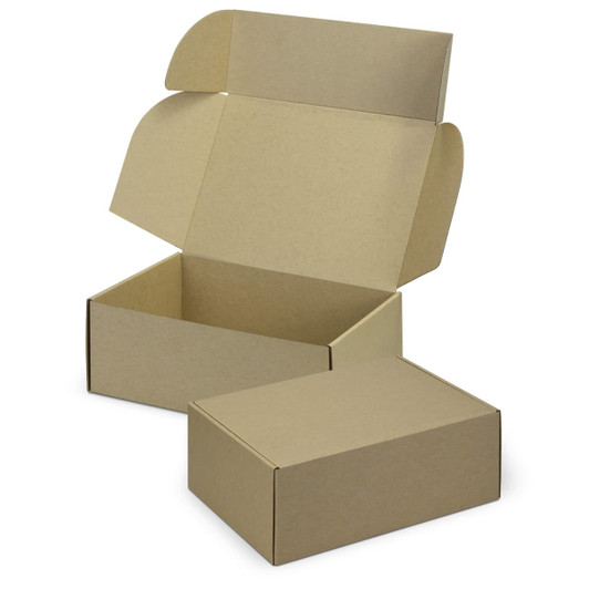 A brown die cut box with a locking lid, featuring an open and a closed position, showcasing its cardboard construction.
