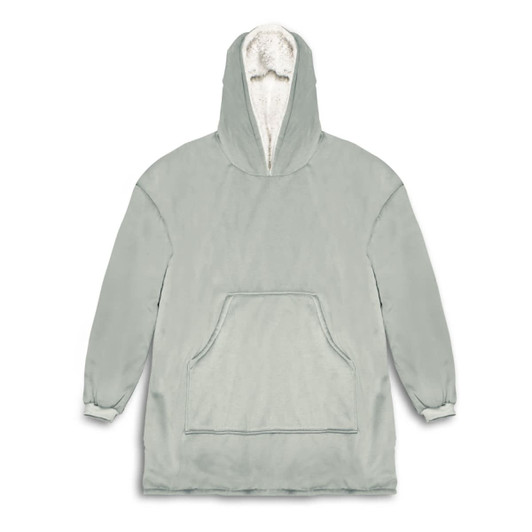 A light green hoodie with a large front pocket and a fleece-lined hood. It features branding.
