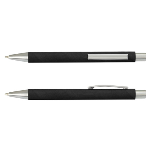 A black plastic pen with a silver clip and accents, featuring a textured grip. It has a minimalistic design and a logo.