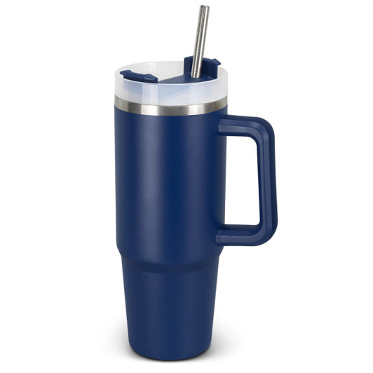 A drink bottle in navy blue with a clear lid, a metal straw, and a sturdy handle. It features a logo.