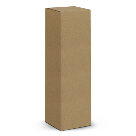 A tall, rectangular, plain brown cardboard box with a sealed top and no visible branding or labels.
