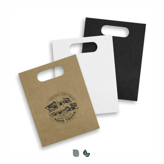 Medium die cut paper bags in brown, white, and black, each featuring a branded logo.