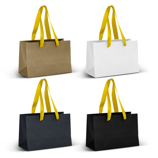 Small ribbon handle paper bags in gold, white, navy, and black, each with yellow handles.