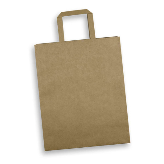 A large flat handle paper bag in a natural brown colour with a simple design. It features an attached handle.