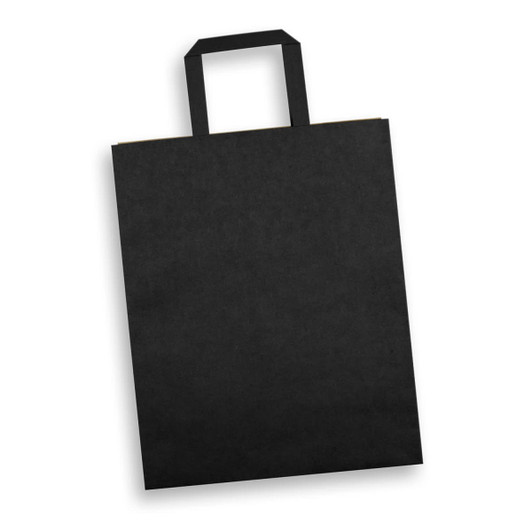 A large black flat handle paper bag with a straightforward design. It features a sturdy handle and a smooth surface.