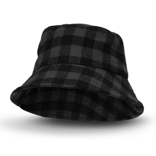 A black and grey checkered bucket hat featuring a wide brim, with a logo on the side.