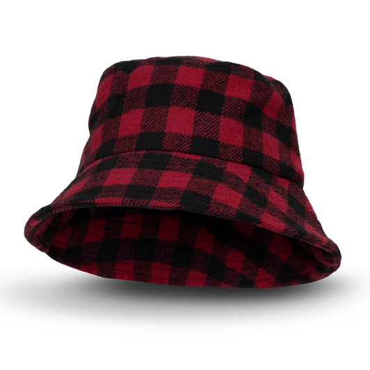 A red and black checkered bucket hat with a wide brim and a logo on the side.
