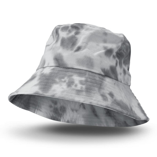 A grey tie-dye bucket hat with a wide brim, featuring a logo on the side.