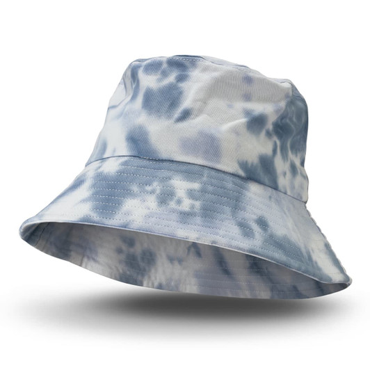 A tie-dye bucket hat in shades of blue, featuring a wide brim and a branded logo.