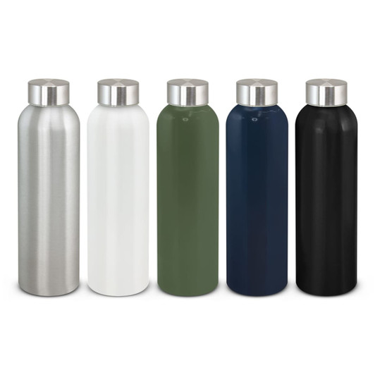 A drink bottle collection featuring silver, white, green, navy, and black aluminium bottles with metal caps.