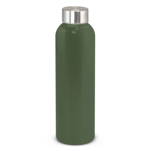 A drink bottle in a sleek dark green finish with a silver cap and a branded logo.