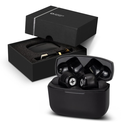 A set of black Swiss Peak ANC TWS earbuds presented in an open black box with foam padding.