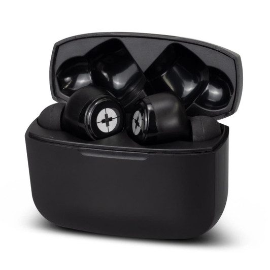 A pair of black ANC TWS earbuds in a charging case, featuring a logo on the earbuds.