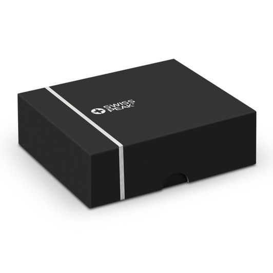 A black box with a silver band, featuring a logo, designed for Swiss Peak ANC TWS Earbuds.