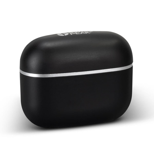 A black charging case for Swiss Peak TWS Earbuds 2.0 with a silver band and logo.