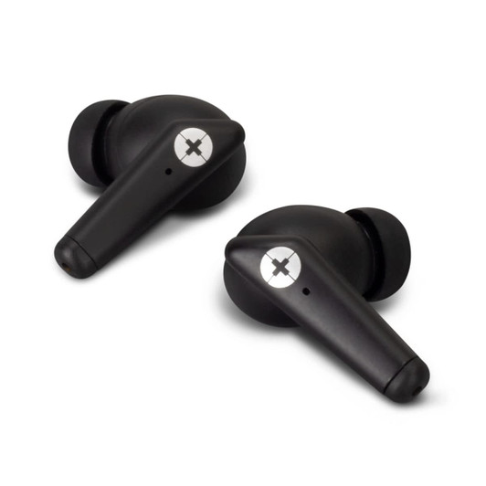 A pair of black TWS earbuds with a sleek design and a circular logo on each earbud.