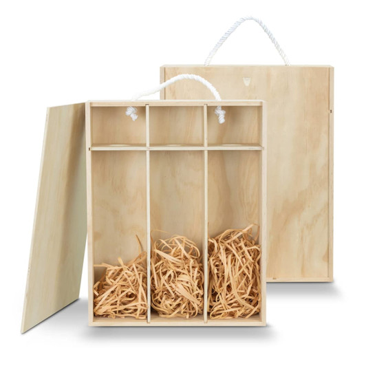 A wooden gift box with a natural finish, featuring three compartments and filled with shredded paper.