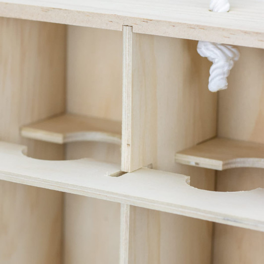 A wooden wine gift box with three compartments and rope handle, showcasing a natural wood finish.