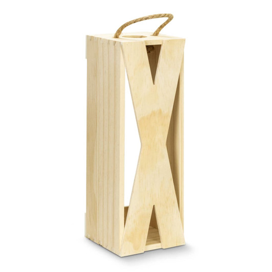 A wooden wine crate in a natural finish with a rope handle, designed for single bottle storage.