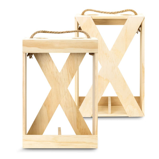 A wooden wine crate in a natural finish, featuring an open design and rope handles. It has a branding logo.