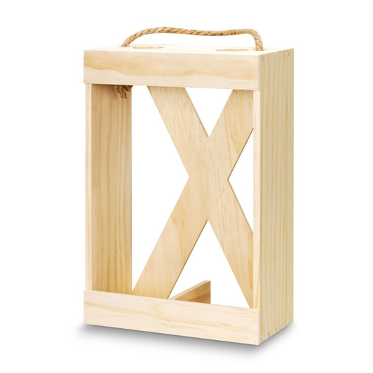 A wooden wine crate in natural finish, featuring an open design and a rope handle for easy carrying.