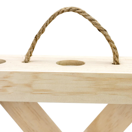 A wooden wine crate with three circular holes and a twine handle, in a natural finish.