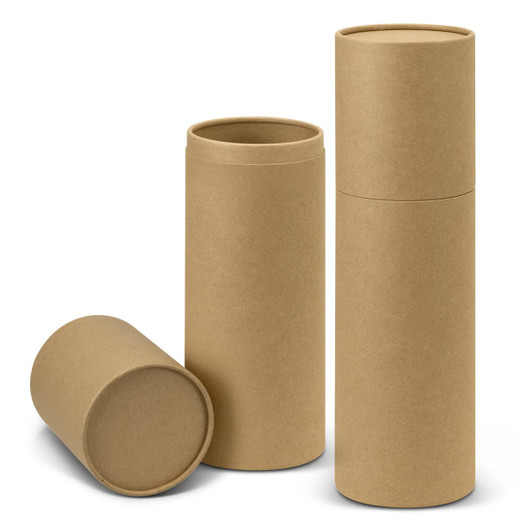 A set of three brown kraft tube containers for wine bottles, varying in height and with lids. One is lying on its side.