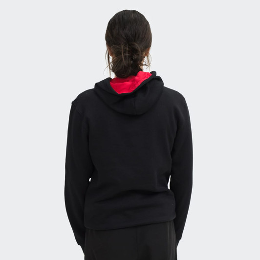 A black unisex hoodie with a red inside hood, featuring a logo on the back.
