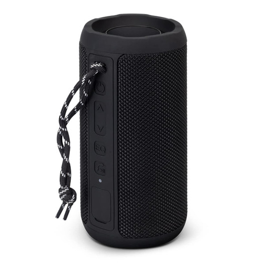 A black cylindrical Bluetooth speaker with textured surface and controls on the side, featuring a decorative strap.