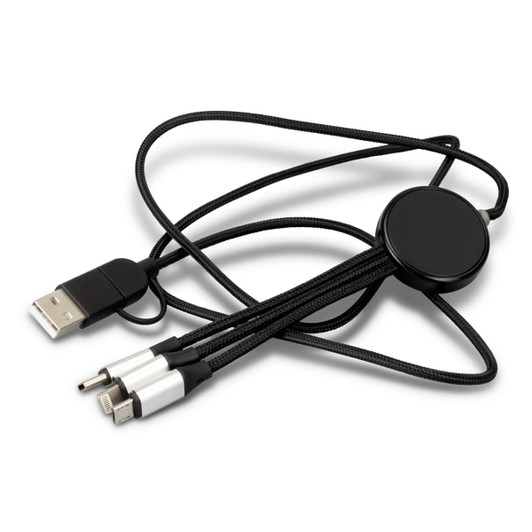 A braided charging cable with a black USB connector and dual charging ends in silver for multiple devices.