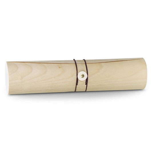 A drink bottle in a wooden tube with a natural finish, secured with a brown leather strap and a button fastener.