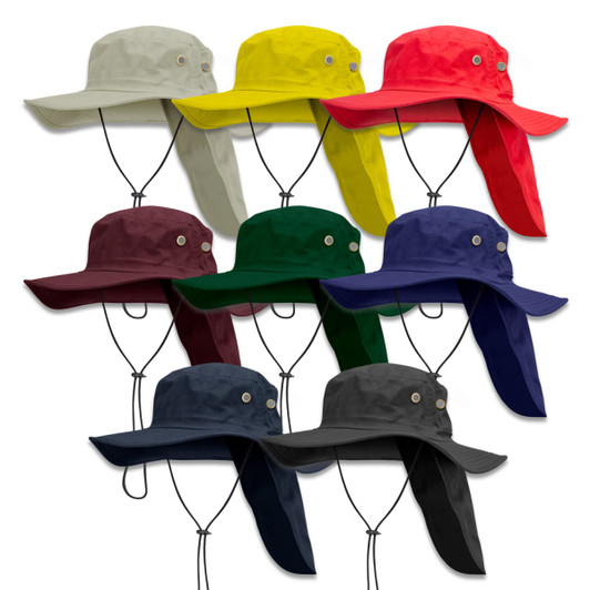 A selection of Legionnaire wide brim hats in grey, yellow, red, green, burgundy, navy, and black, featuring a logo.