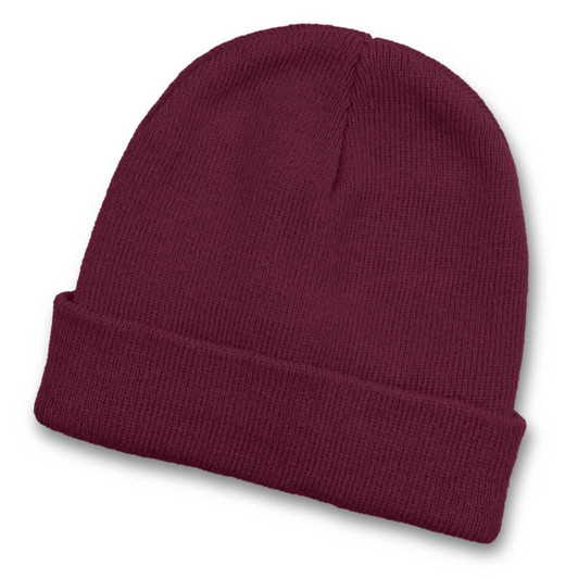 A maroon beanie with a cuffed design, featuring a logo on the side.