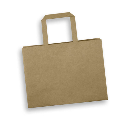 A medium flat handle paper bag in earthy brown. Features a simple, classic design with a handle.
