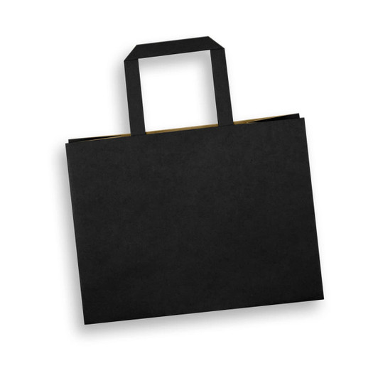 A medium flat handle paper bag in black with two handles and a simple, sleek design.