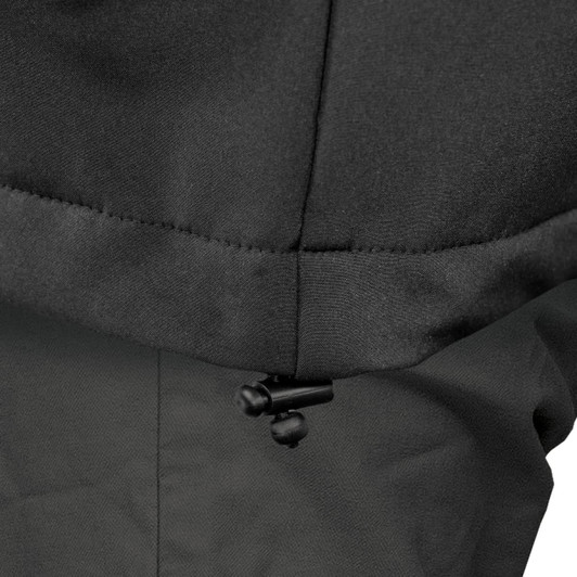 A close-up of a soft shell jacket featuring a black hood and drawstring detail. The material appears smooth and structured.