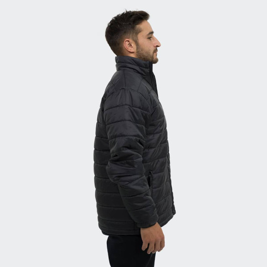 A men's puffer jacket in dark grey, featuring a stand-up collar and a side view of the design.