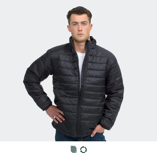 A unisex black puffer jacket featuring a zip-up front and a stand collar, with a logo present.