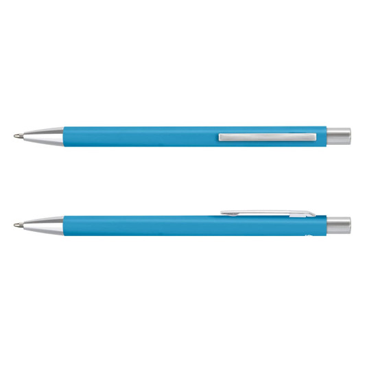 A metal pen in vibrant blue with a silver clip and tip, featuring a sleek, modern design.