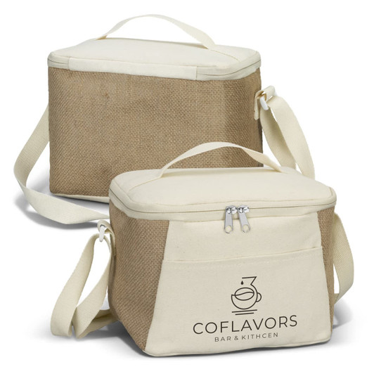 A jute cooler bag in beige and cream with a zip closure and adjustable strap, featuring a logo on the front.